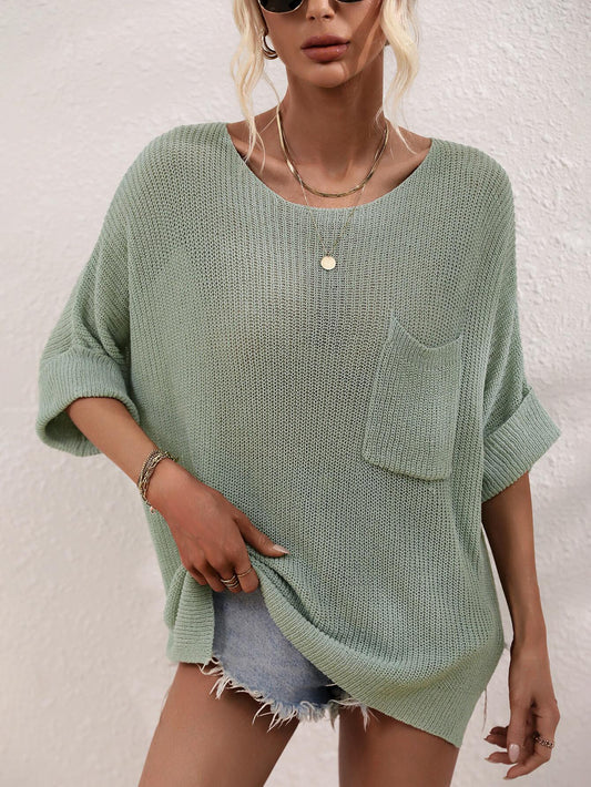 Boat Neck Cuffed Sleeve Slit Tunic Knit Top BLUE ZONE PLANET