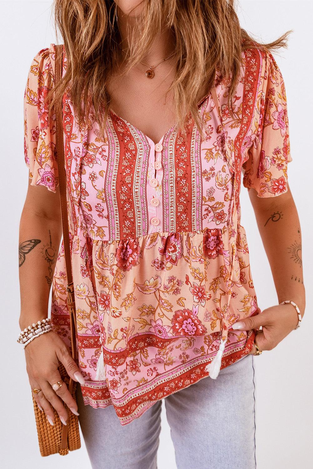 Bohemian Buttoned Short Puff Sleeve Blouse BLUE ZONE PLANET