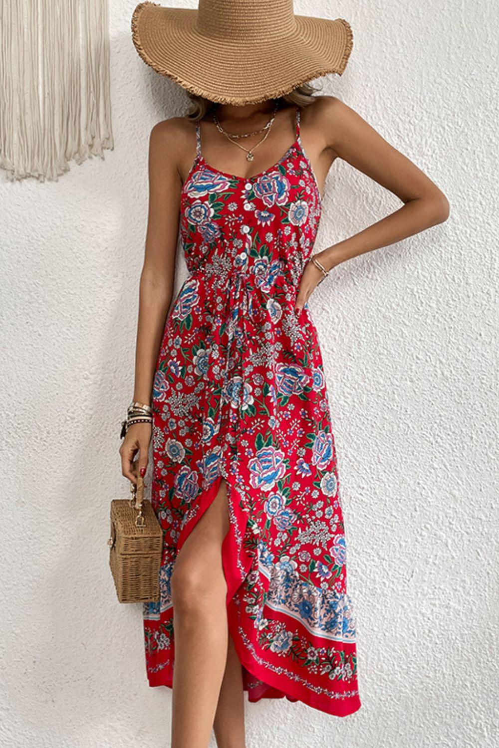 Bohemian Decorative Button Spaghetti Strap Dress BLUE ZONE PLANET