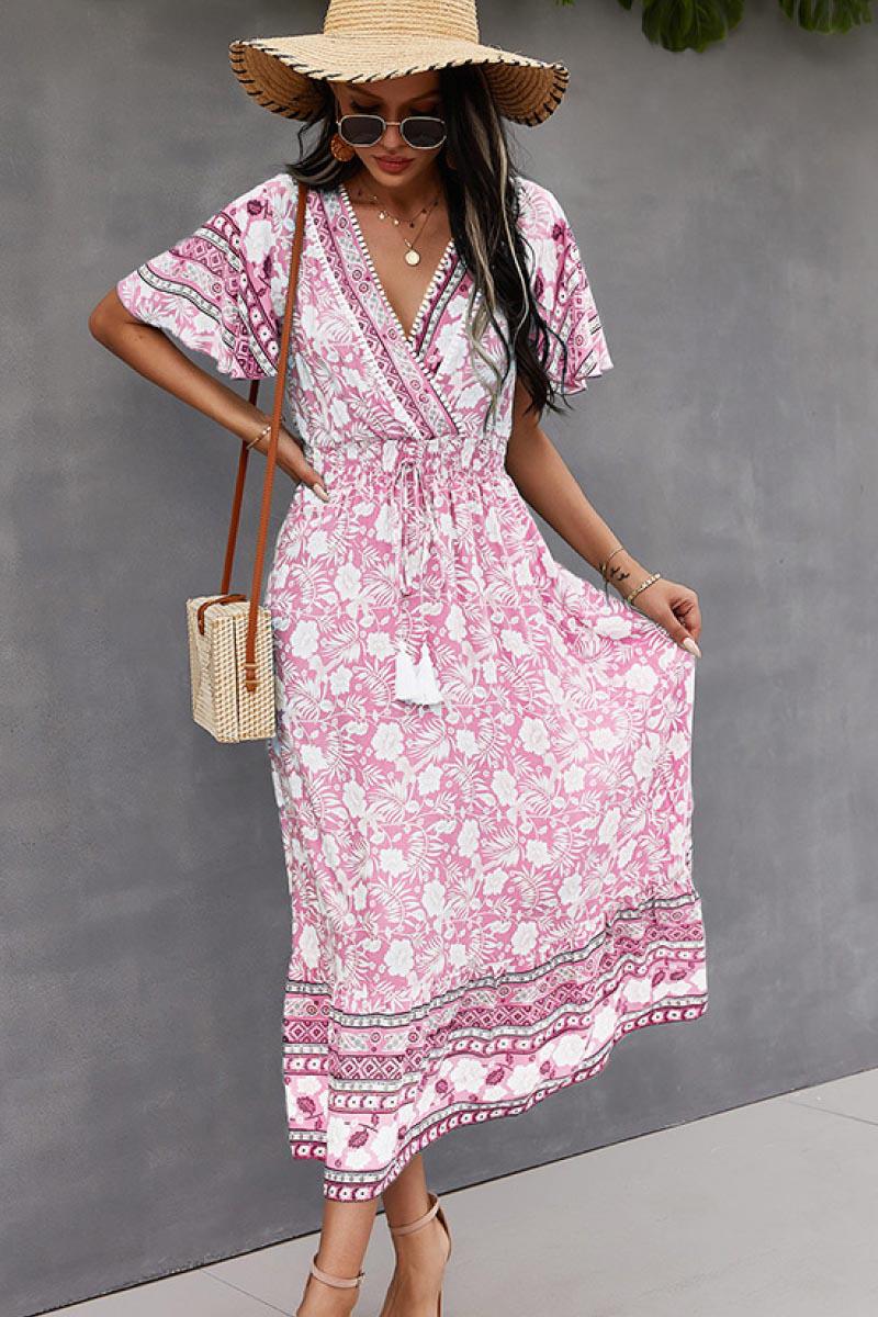 Bohemian Flutter Sleeve Wrap Top Dress-TOPS / DRESSES-[Adult]-[Female]-Pink-S-Blue Zone Planet