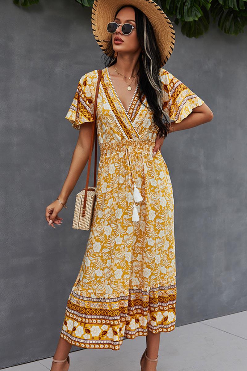 Bohemian Flutter Sleeve Wrap Top Dress-TOPS / DRESSES-[Adult]-[Female]-Yellow-S-Blue Zone Planet