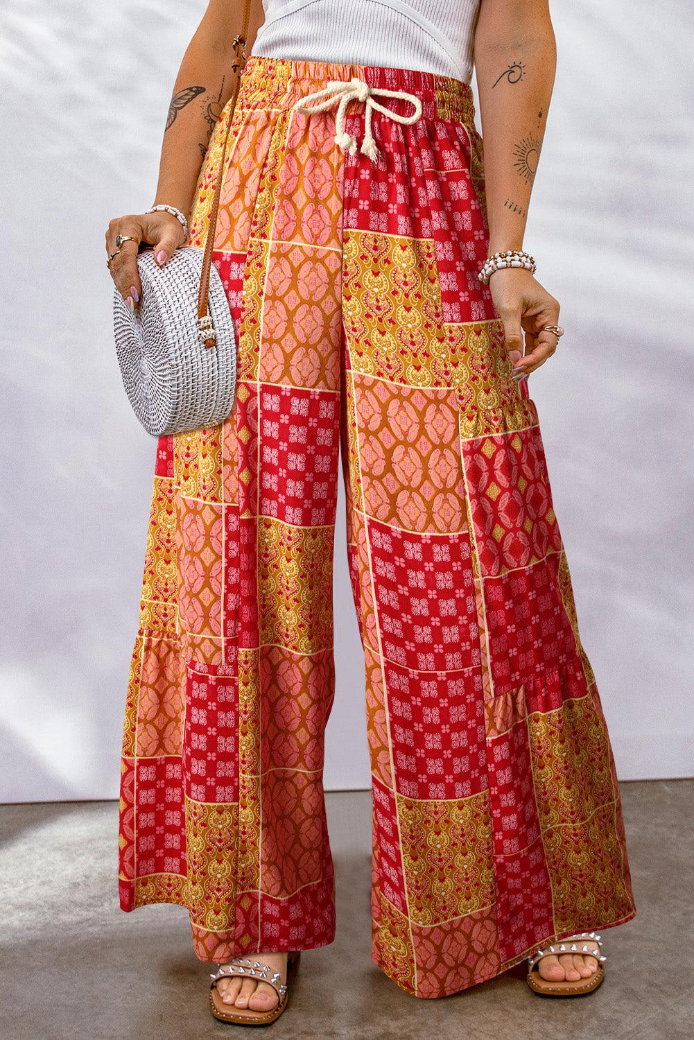 Bohemian Patchwork Drawstring Wide Leg Pants-BOTTOM SIZES SMALL MEDIUM LARGE-[Adult]-[Female]-Red-S-2022 Online Blue Zone Planet