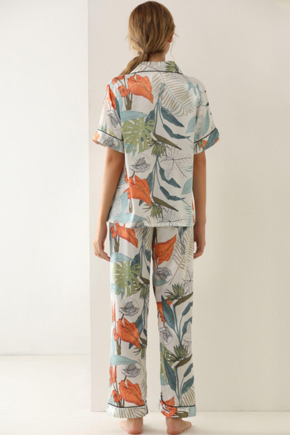 Botanical Print Button-Up Top and Pants Pajama Set BLUE ZONE PLANET