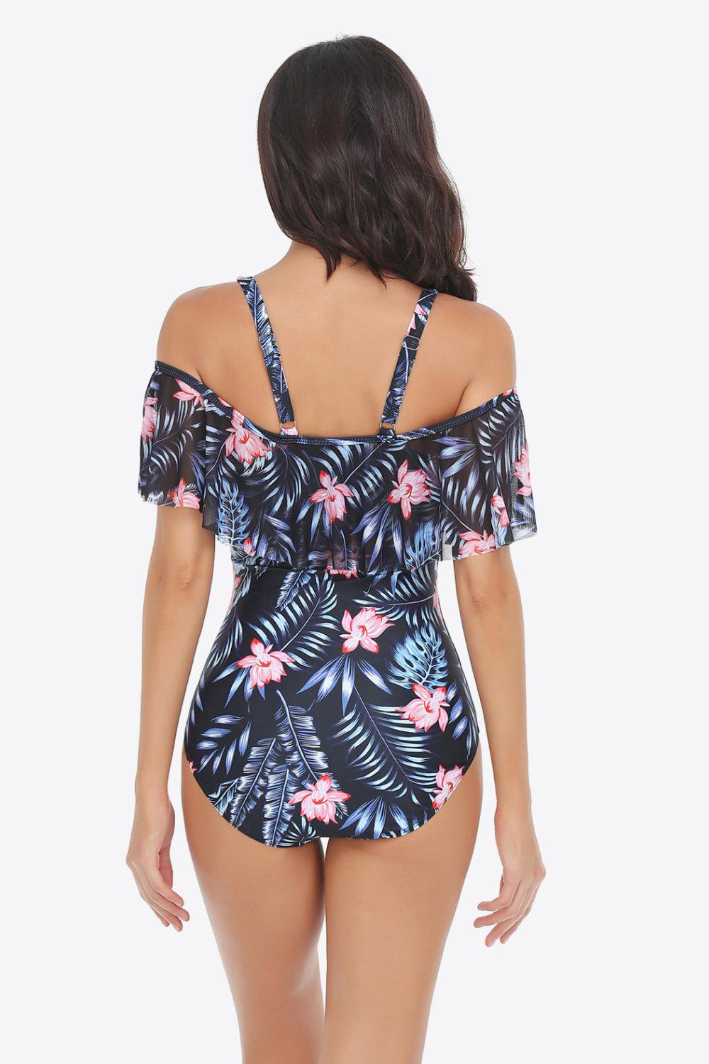 Botanical Print Cold-Shoulder Layered One-Piece Swimsuit BLUE ZONE PLANET