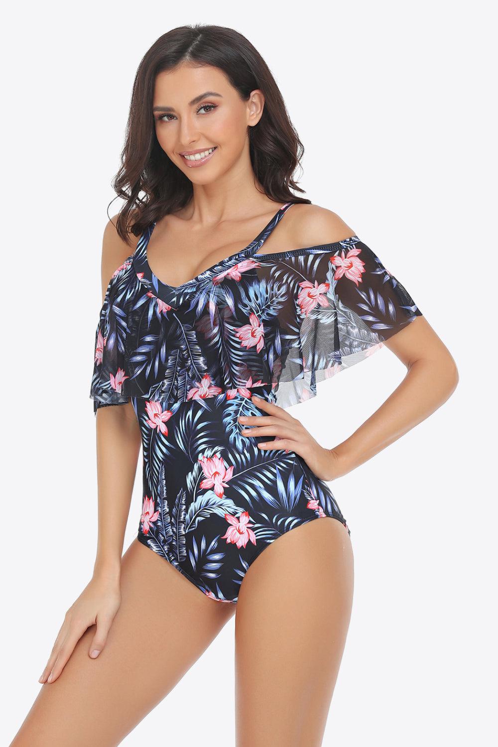 Botanical Print Cold-Shoulder Layered One-Piece Swimsuit BLUE ZONE PLANET