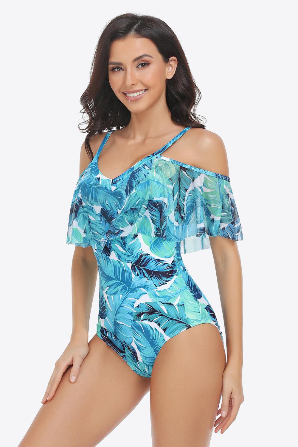 Botanical Print Cold-Shoulder Layered One-Piece Swimsuit BLUE ZONE PLANET