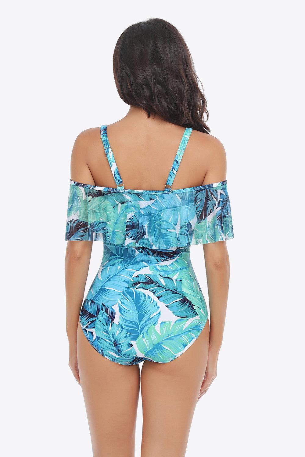 Botanical Print Cold-Shoulder Layered One-Piece Swimsuit BLUE ZONE PLANET