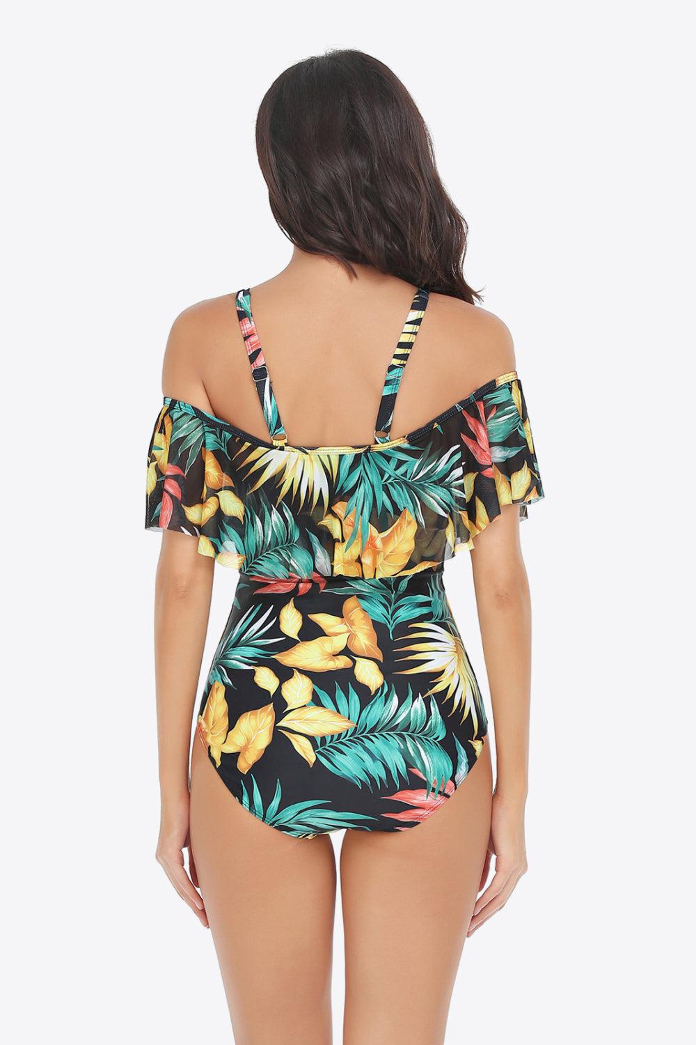 Botanical Print Cold-Shoulder Layered One-Piece Swimsuit BLUE ZONE PLANET