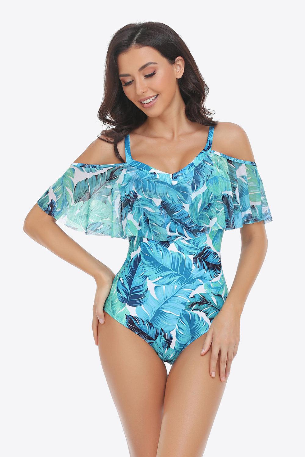 Botanical Print Cold-Shoulder Layered One-Piece Swimsuit BLUE ZONE PLANET