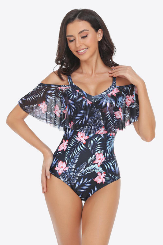Botanical Print Cold-Shoulder Layered One-Piece Swimsuit BLUE ZONE PLANET