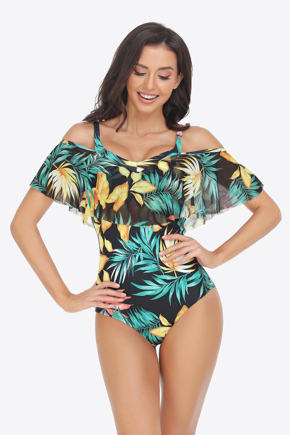 Botanical Print Cold-Shoulder Layered One-Piece Swimsuit BLUE ZONE PLANET