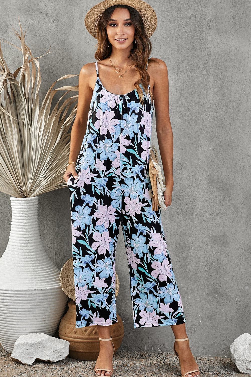 Botanical Print Spaghetti Strap Cropped Jumpsuit BLUE ZONE PLANET