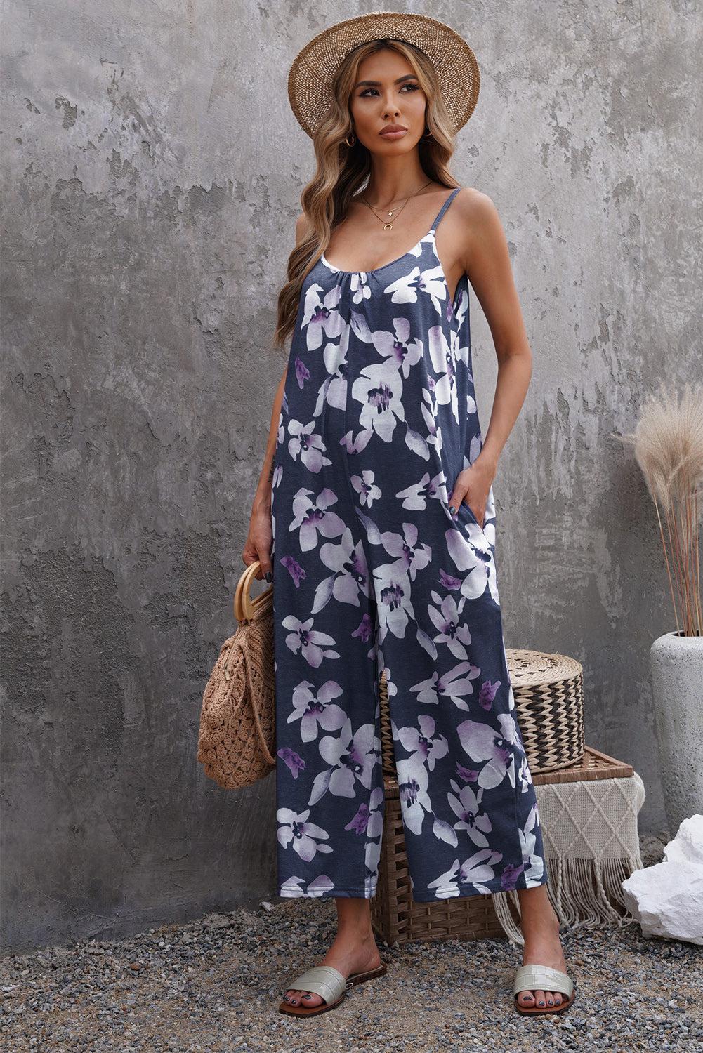 Botanical Print Spaghetti Strap Cropped Jumpsuit BLUE ZONE PLANET