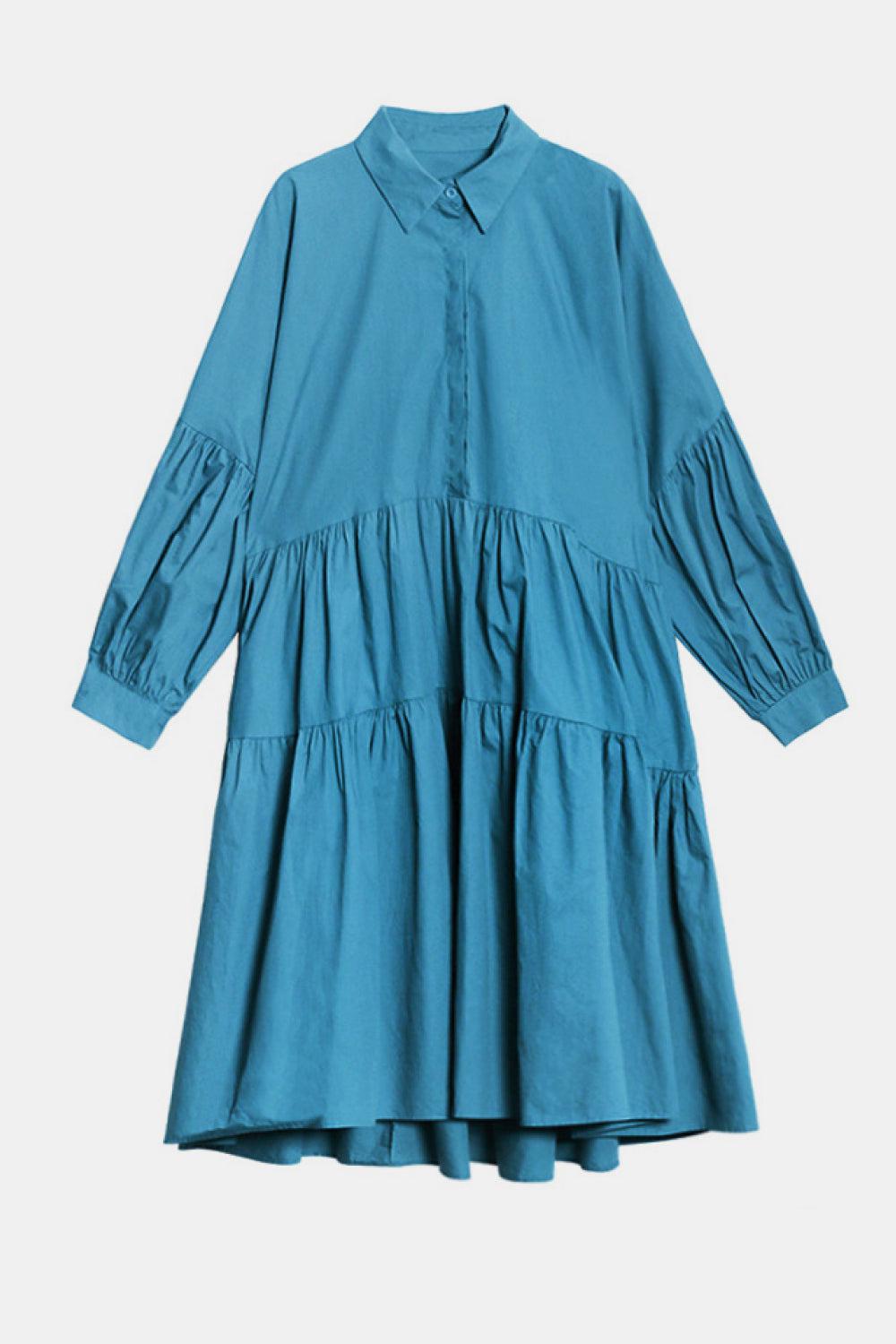Bubble Sleeve Tiered Midi Shirt Dress BLUE ZONE PLANET