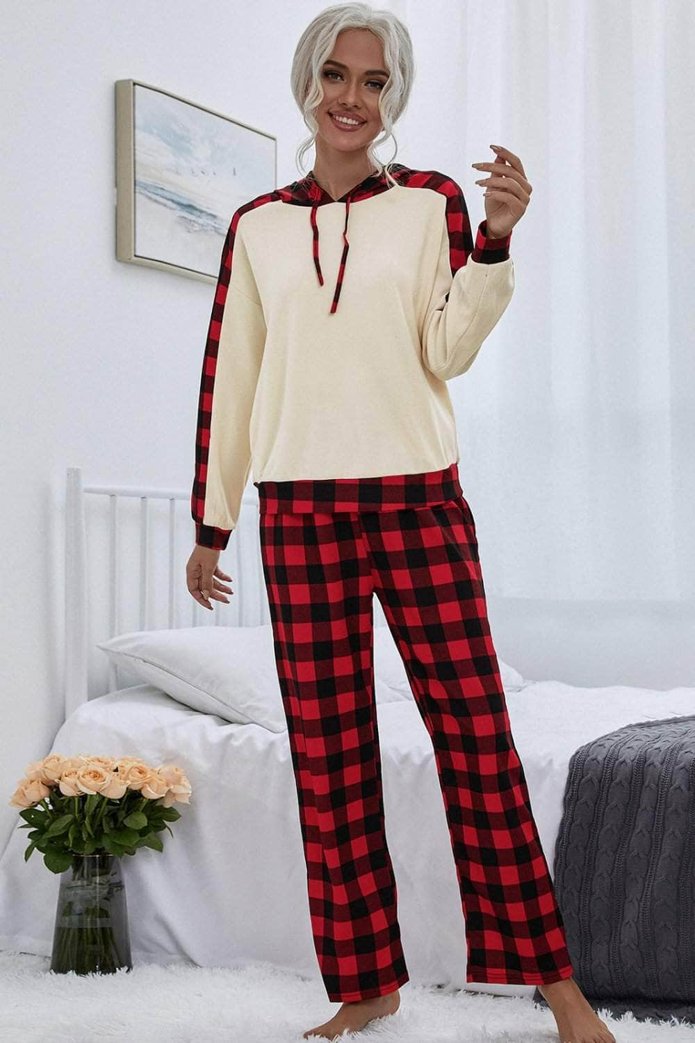 Buffalo Plaid Drawstring Hoodie and Pants Set-TOPS / DRESSES-[Adult]-[Female]-Blue Zone Planet