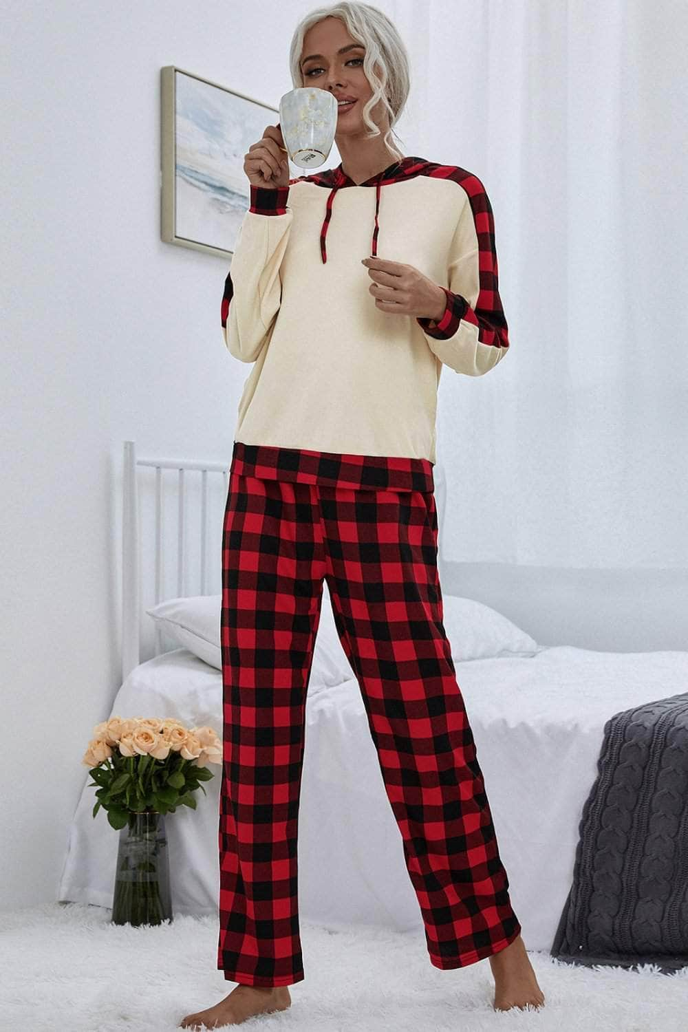 Buffalo Plaid Drawstring Hoodie and Pants Set-TOPS / DRESSES-[Adult]-[Female]-Blue Zone Planet