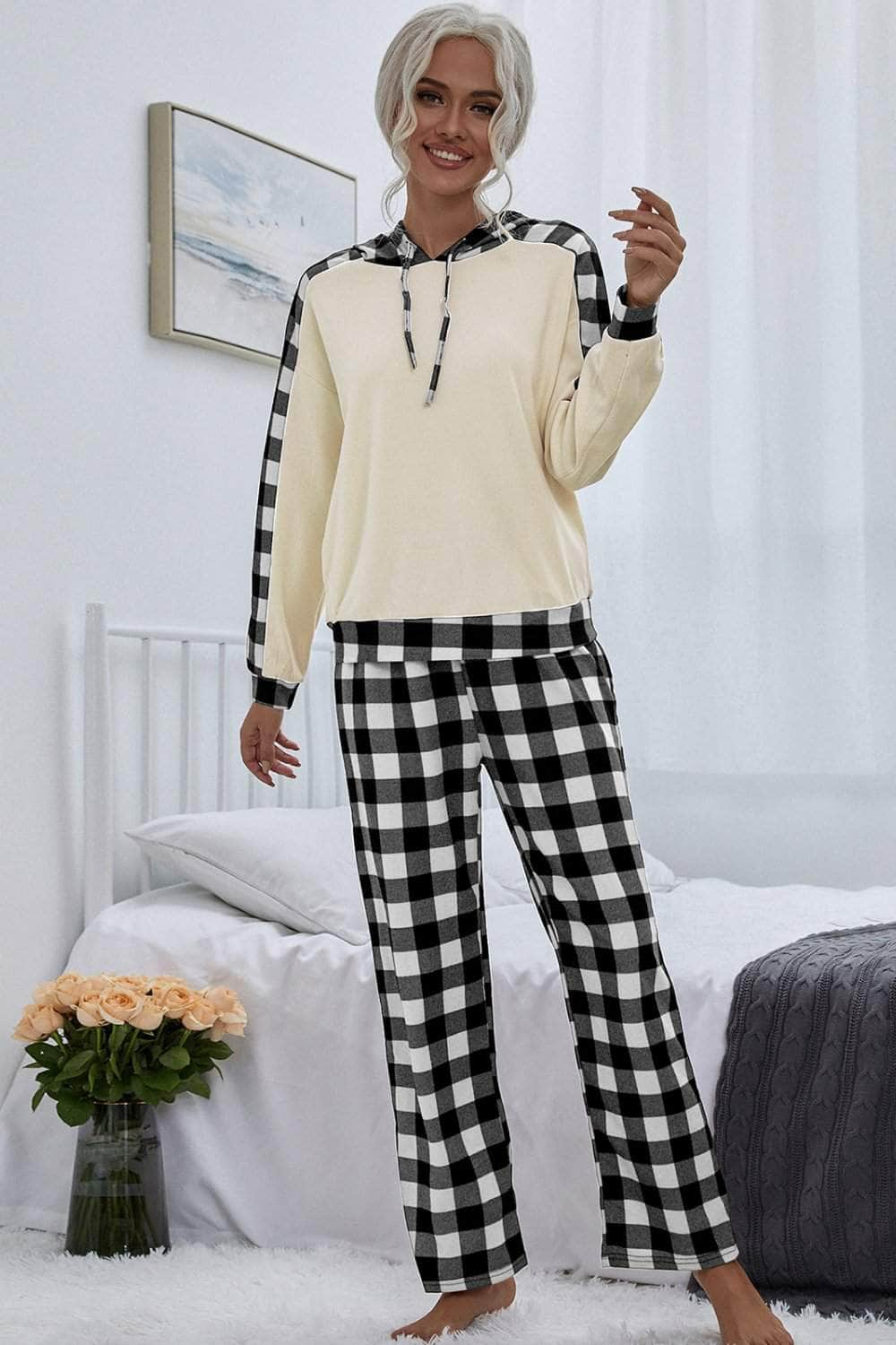 Buffalo Plaid Drawstring Hoodie and Pants Set-TOPS / DRESSES-[Adult]-[Female]-Blue Zone Planet