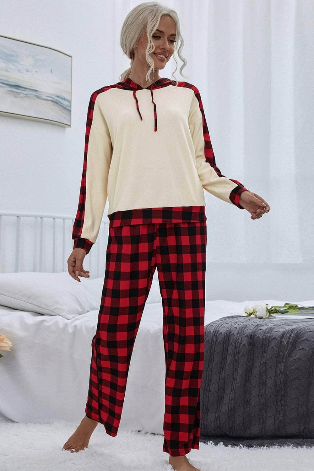 Buffalo Plaid Drawstring Hoodie and Pants Set-TOPS / DRESSES-[Adult]-[Female]-Red-S-Blue Zone Planet