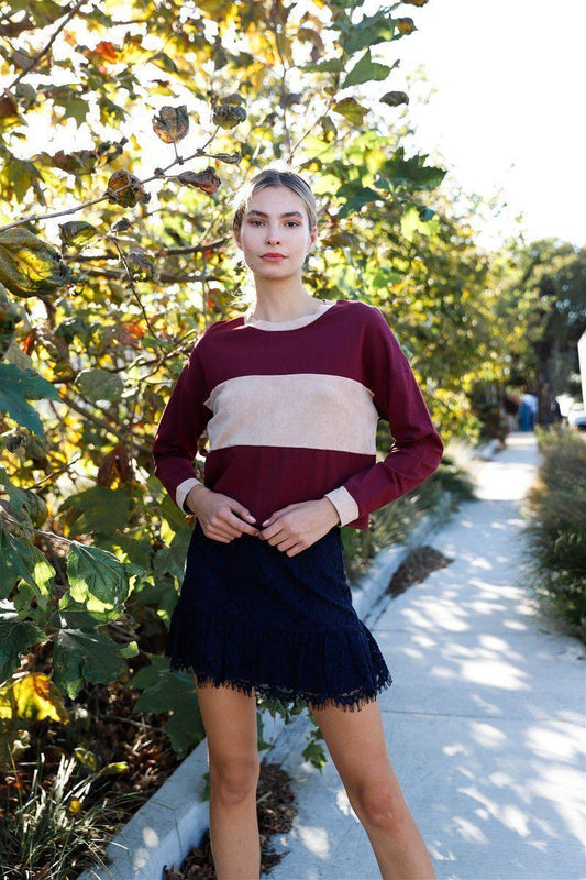 Burgundy Colorblock Long Sleeve Crop Top Blue Zone Planet