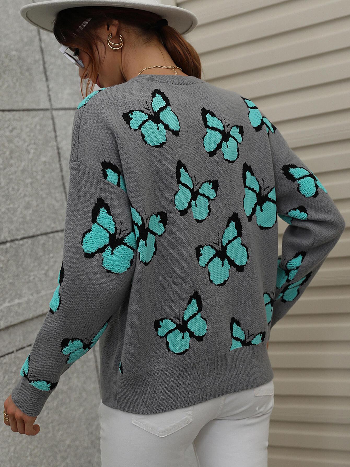 Butterfly Dropped Shoulder Crewneck Sweater BLUE ZONE PLANET