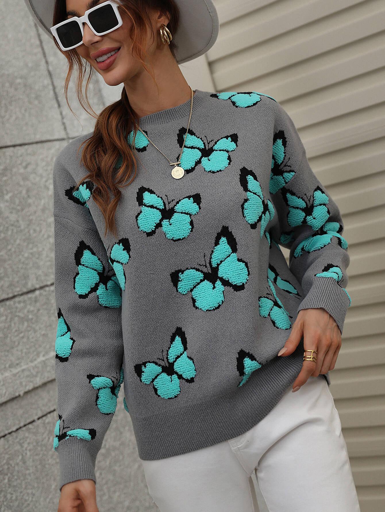 Butterfly Dropped Shoulder Crewneck Sweater BLUE ZONE PLANET