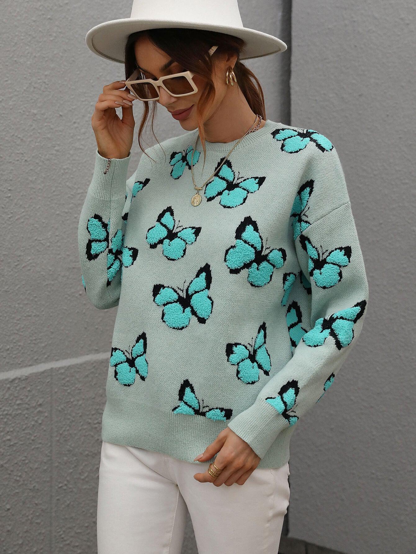 Butterfly Dropped Shoulder Crewneck Sweater BLUE ZONE PLANET