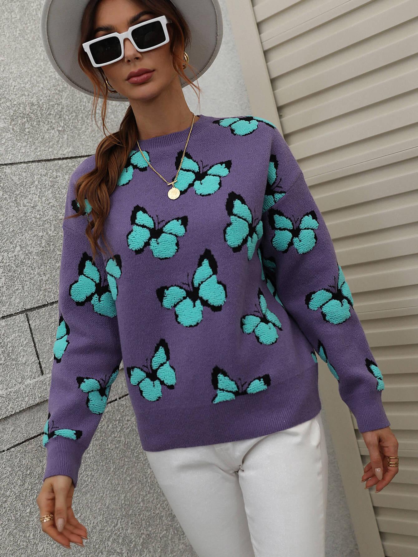 Butterfly Dropped Shoulder Crewneck Sweater BLUE ZONE PLANET