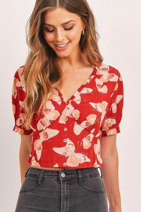 Butterfly V-neck Crop Smocked Back Waist Blue Zone Planet