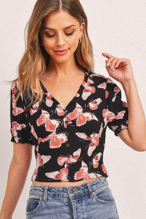 Butterfly V-neck Crop Smocked Back Waist Blue Zone Planet