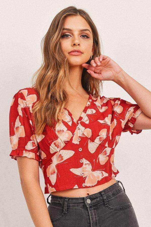 Butterfly V-neck Crop Smocked Back Waist Blue Zone Planet