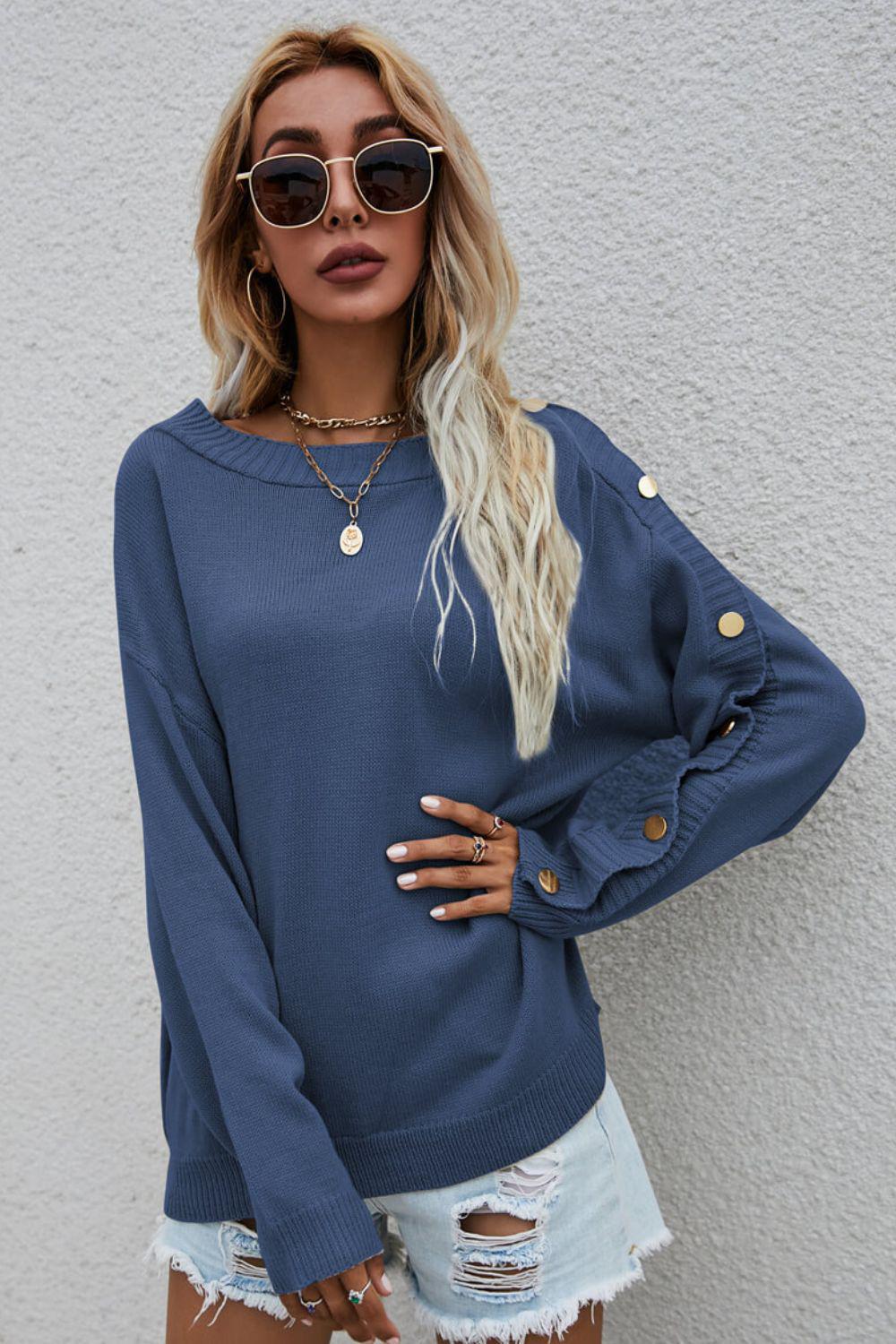 Button Detail Boat Neck Sweater-TOPS / DRESSES-[Adult]-[Female]-Blue-S-2022 Blue Zone Planet Online Store