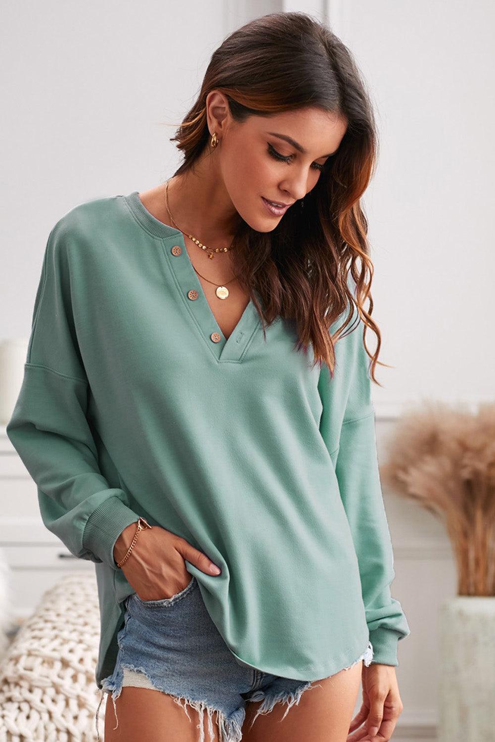 Button Detail Curved Hem Top BLUE ZONE PLANET