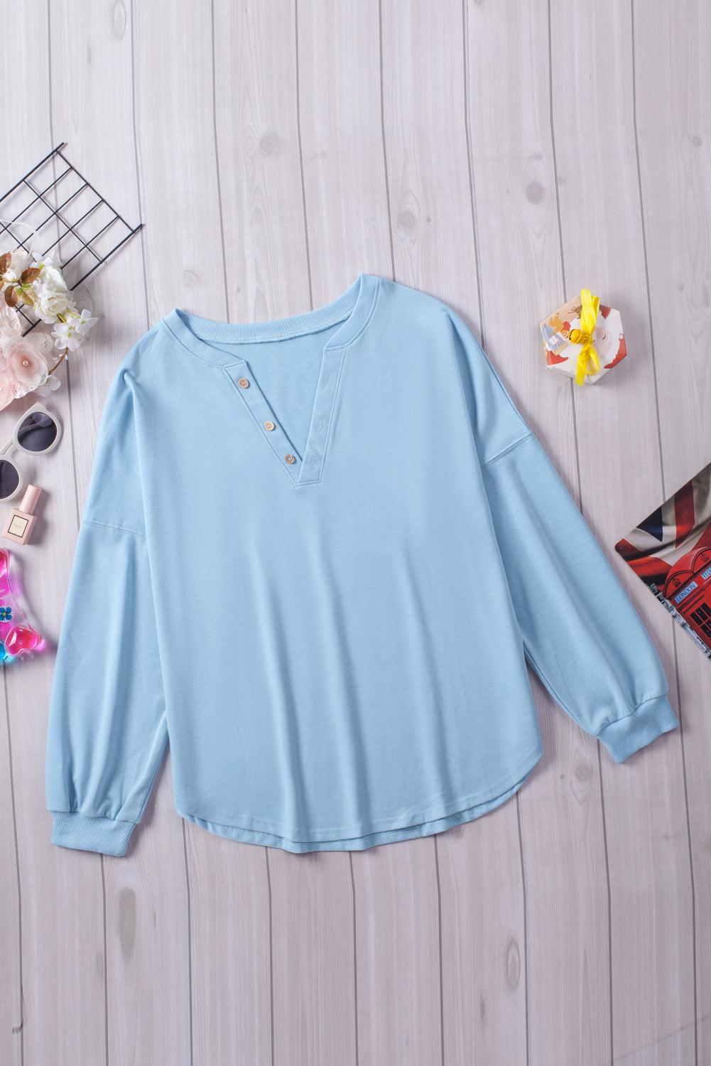 Button Detail Curved Hem Top BLUE ZONE PLANET