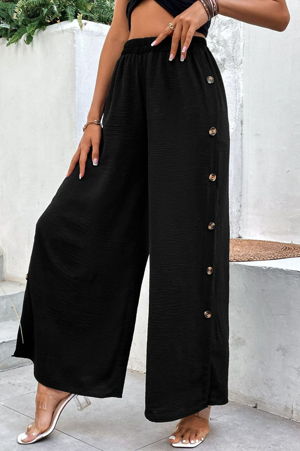 Button Detail Elastic Waist Wide Leg Pants BLUE ZONE PLANET