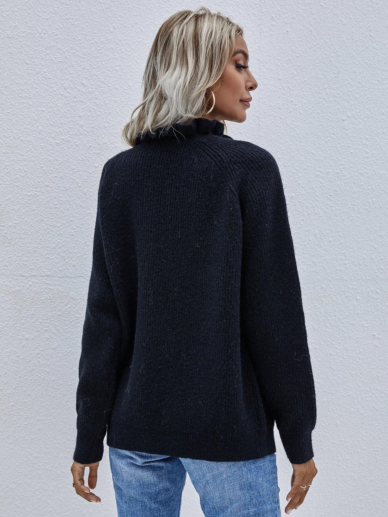 Button Detail Frill Neck Rib-Knit Sweater BLUE ZONE PLANET