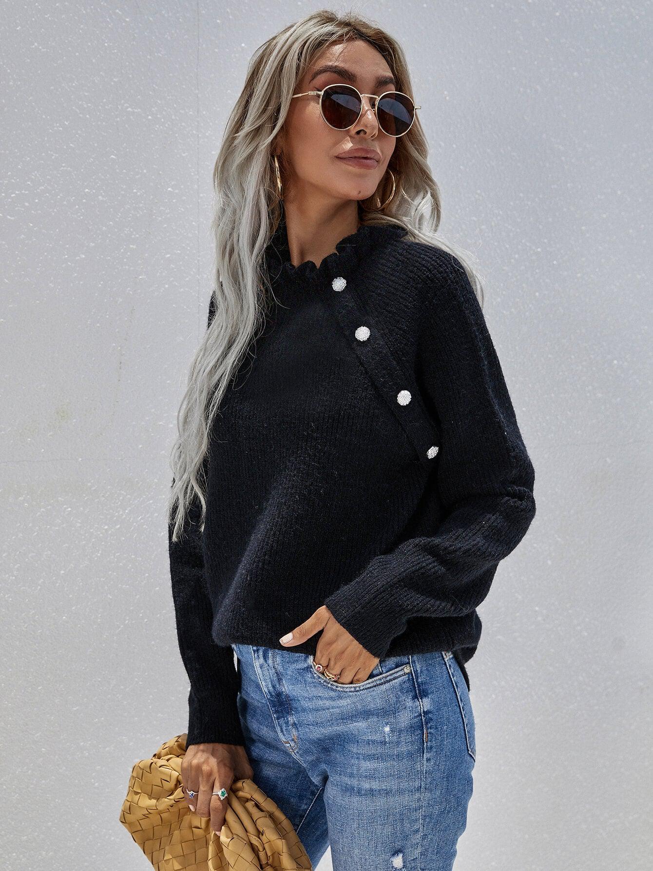 Button Detail Frill Neck Rib-Knit Sweater BLUE ZONE PLANET