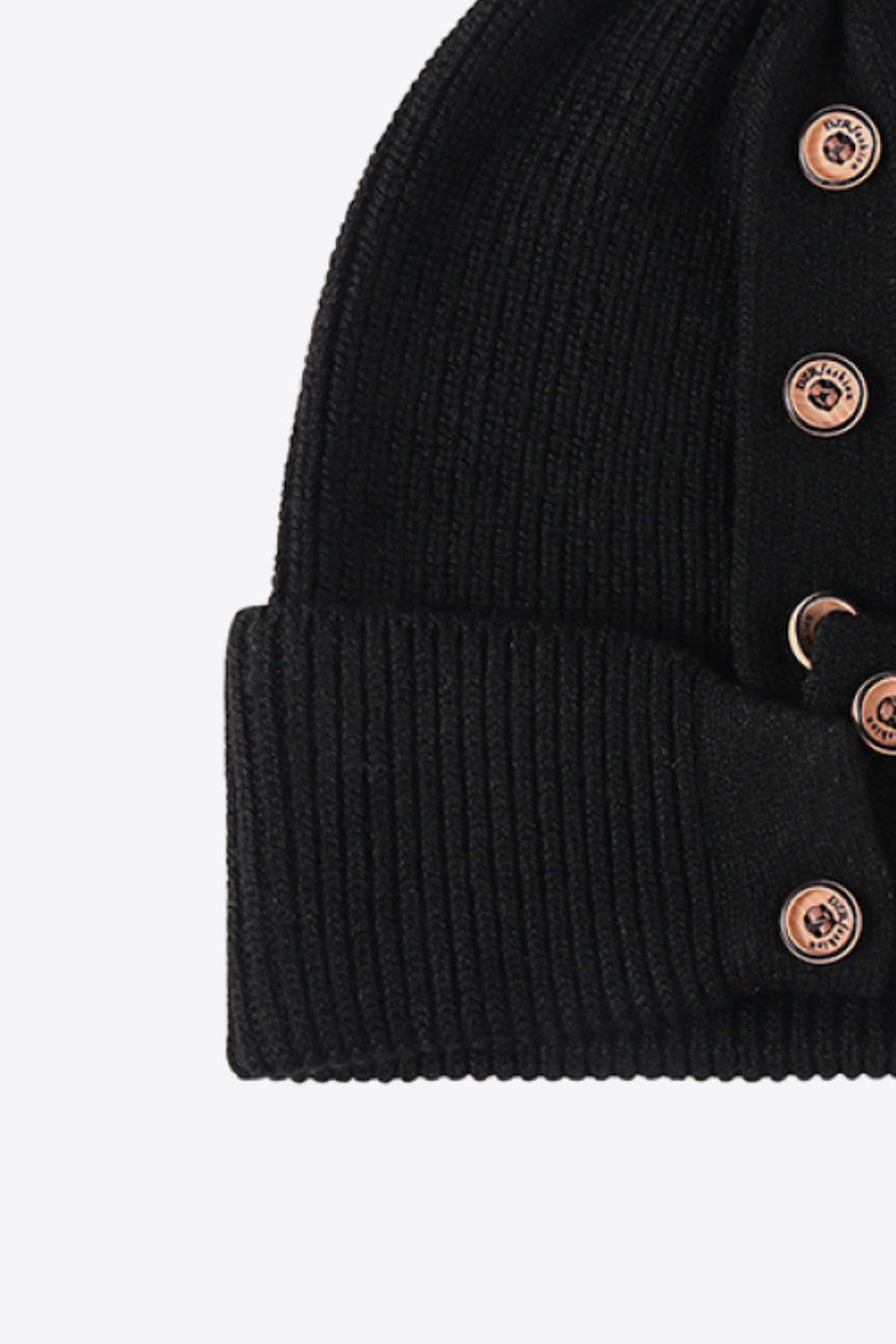Button Detail Rib-Knit Cuff Beanie BLUE ZONE PLANET