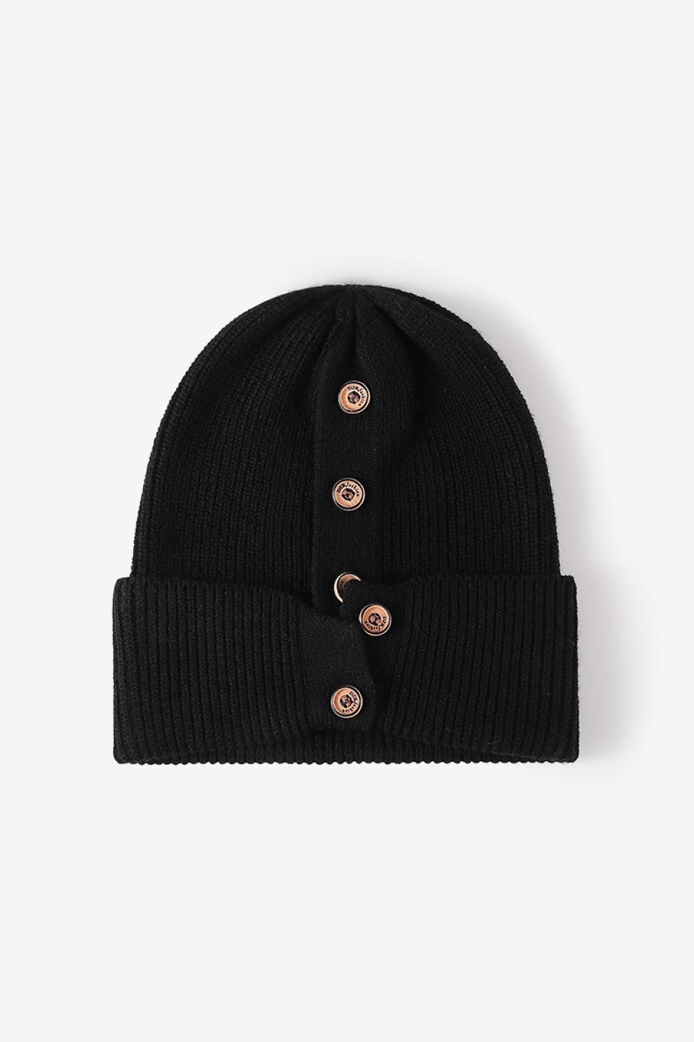 Button Detail Rib-Knit Cuff Beanie-BEANIES-[Adult]-[Female]-Black-One Size-2022 Online Blue Zone Planet
