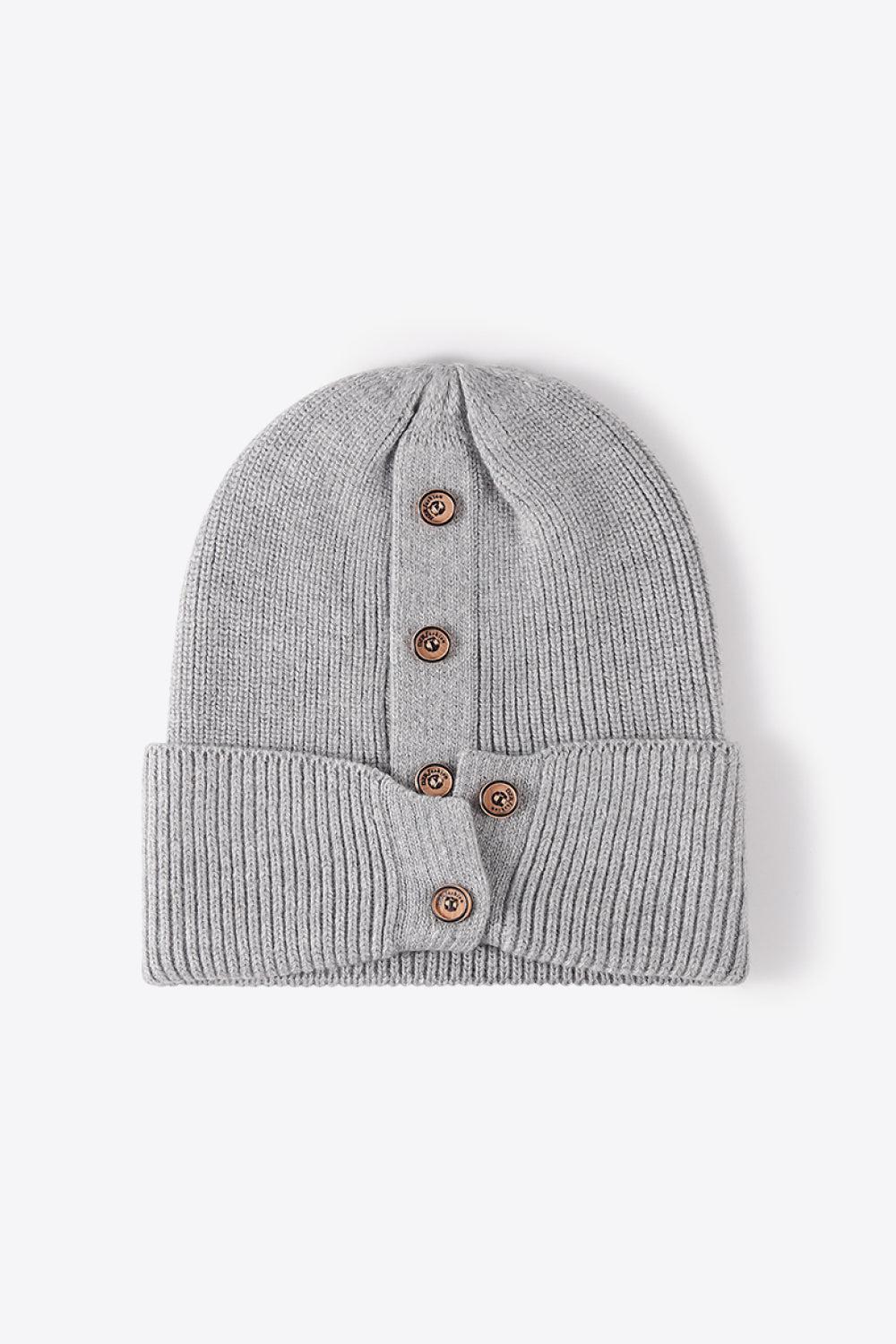 Button Detail Rib-Knit Cuff Beanie-BEANIES-[Adult]-[Female]-Gray-One Size-2022 Online Blue Zone Planet
