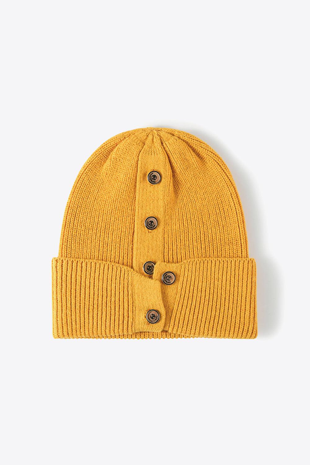 Button Detail Rib-Knit Cuff Beanie-BEANIES-[Adult]-[Female]-Mustard-One Size-2022 Online Blue Zone Planet