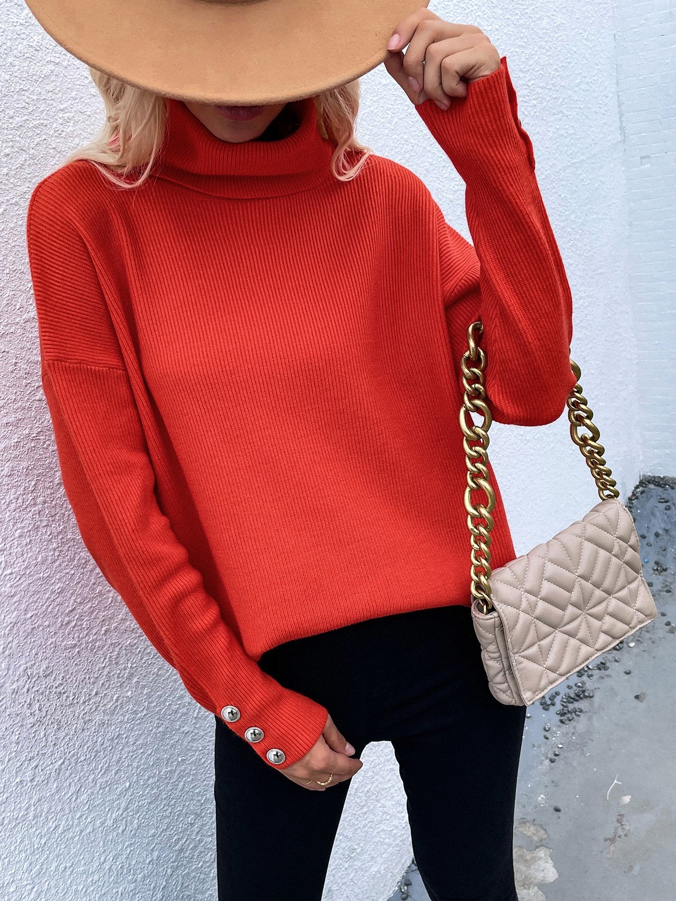 Button Detail Rib-Knit Turtleneck Sweater-TOPS / DRESSES-[Adult]-[Female]-Blue Zone Planet
