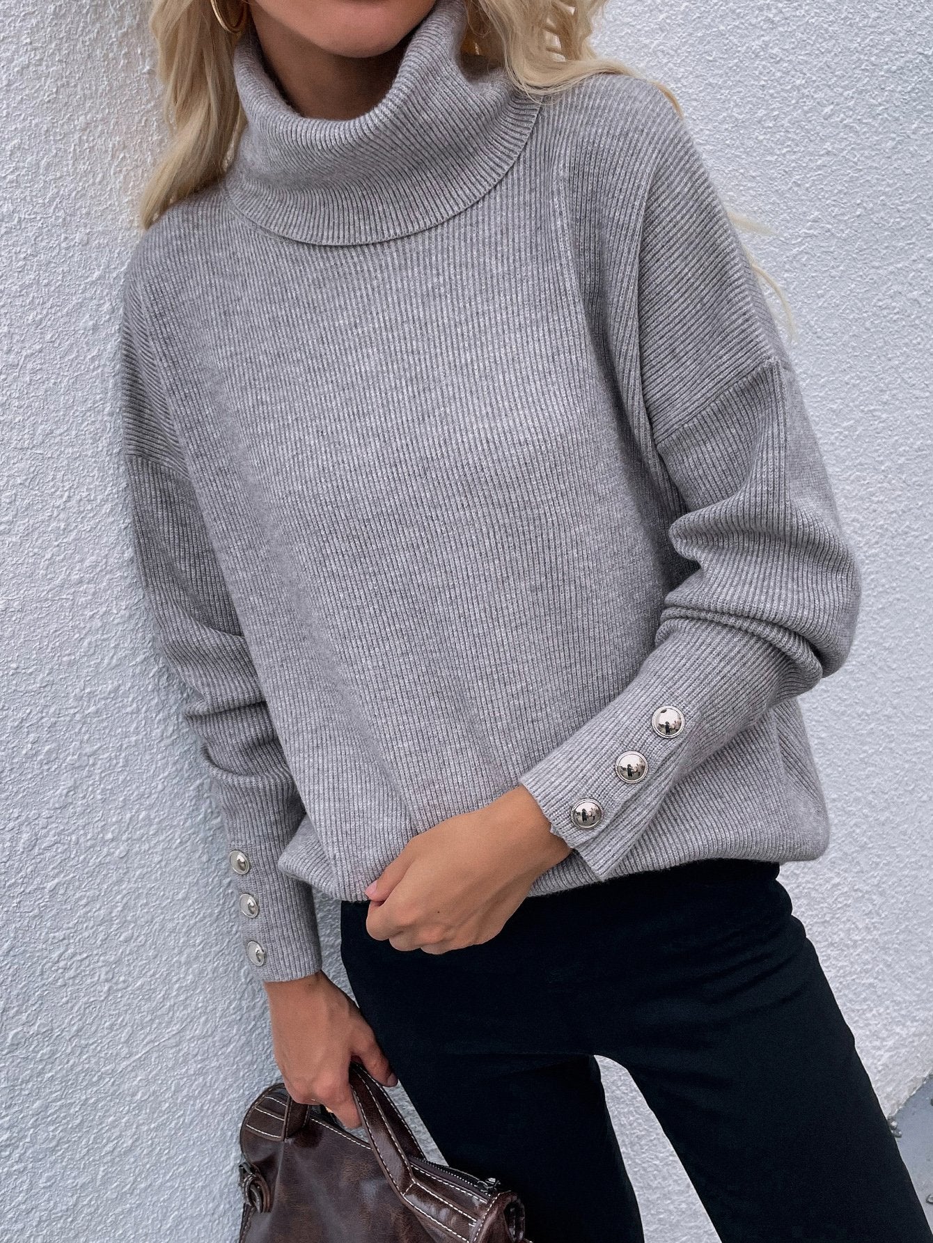 Button Detail Rib-Knit Turtleneck Sweater-TOPS / DRESSES-[Adult]-[Female]-Gray-S-Blue Zone Planet