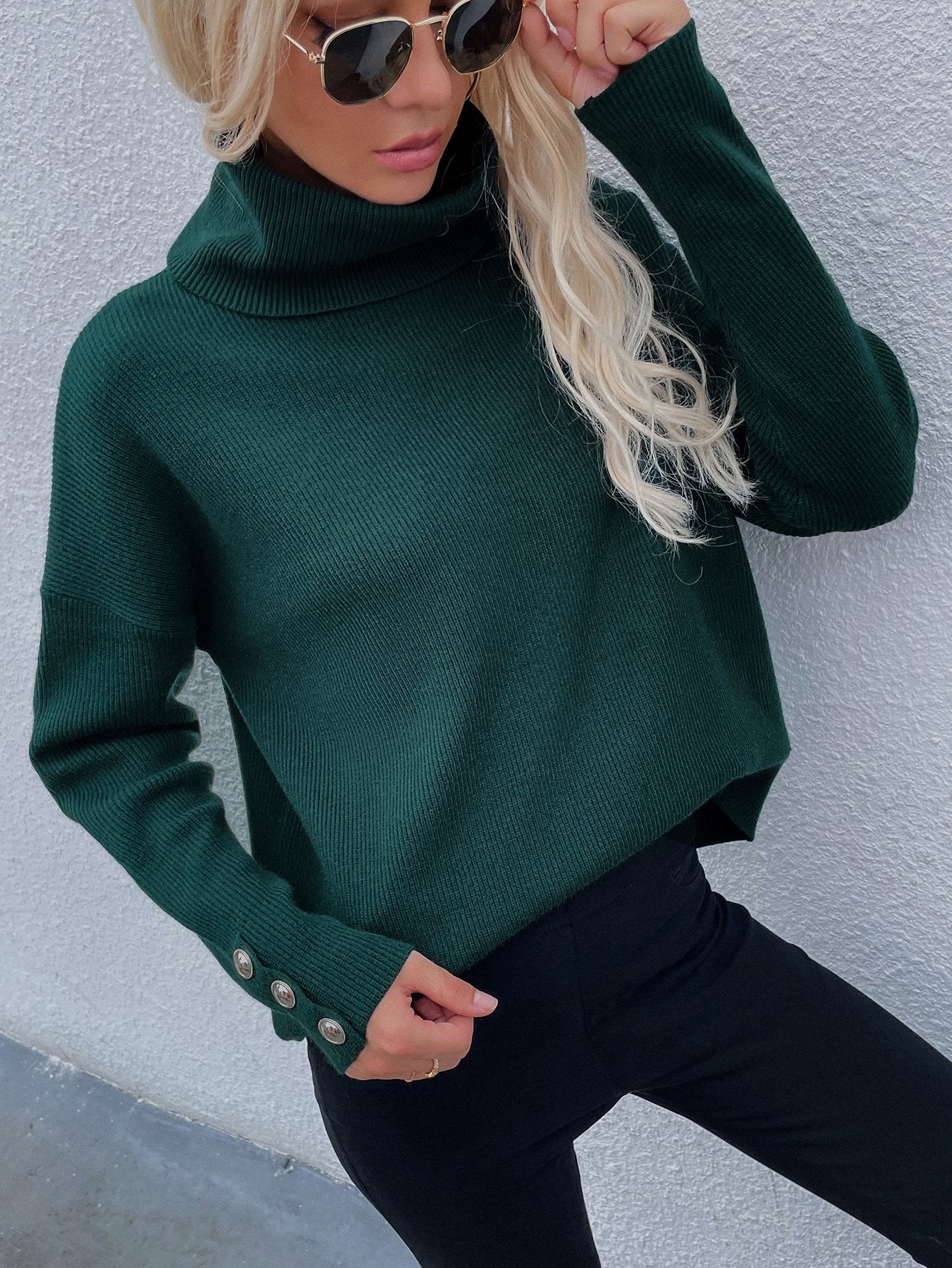 Button Detail Rib-Knit Turtleneck Sweater-TOPS / DRESSES-[Adult]-[Female]-Green-S-Blue Zone Planet