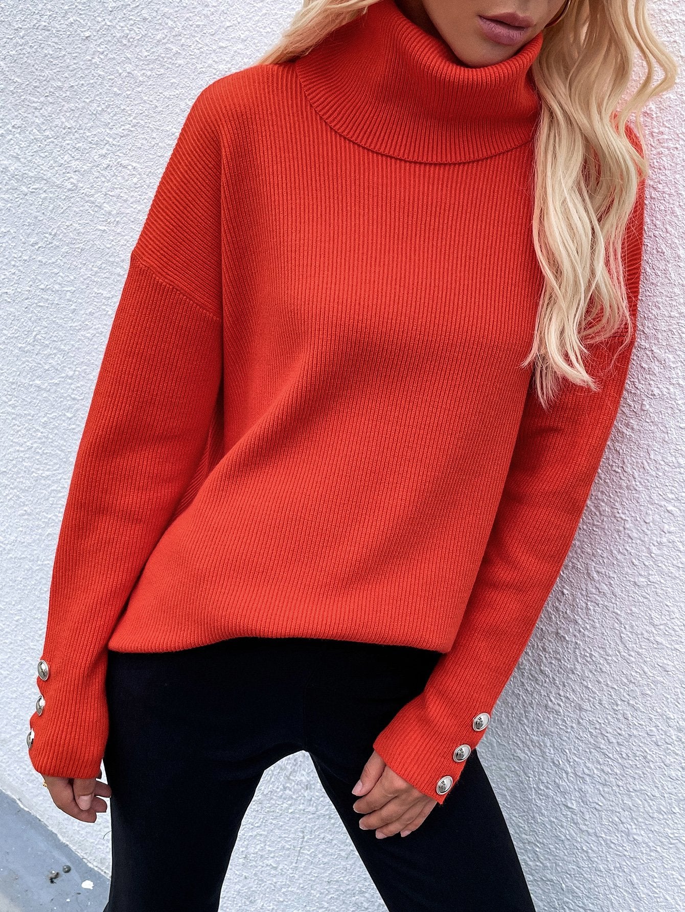 Button Detail Rib-Knit Turtleneck Sweater-TOPS / DRESSES-[Adult]-[Female]-Orange-S-Blue Zone Planet