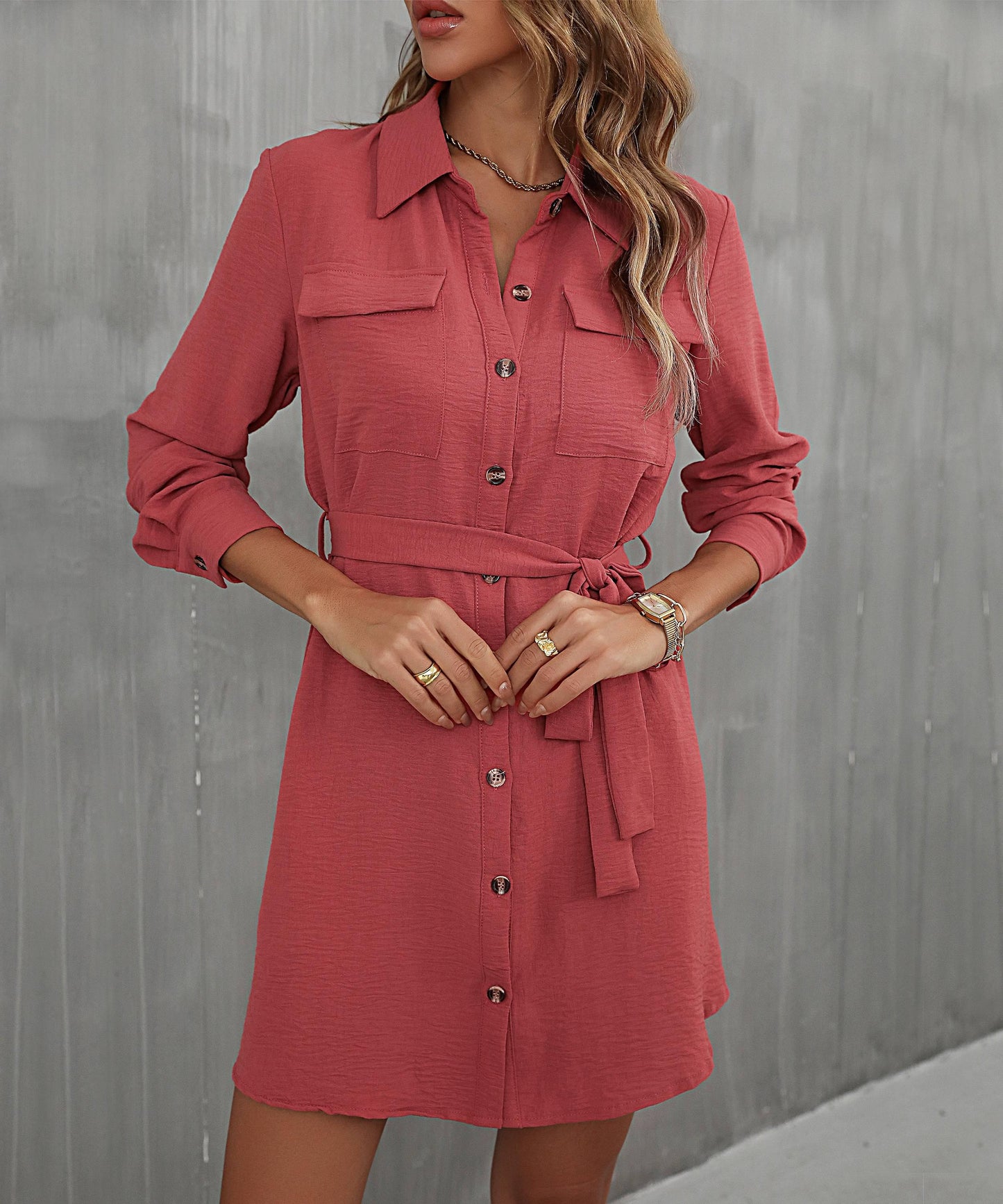 Button Down Belted Long Sleeve Shirt Mini Dress BLUE ZONE PLANET