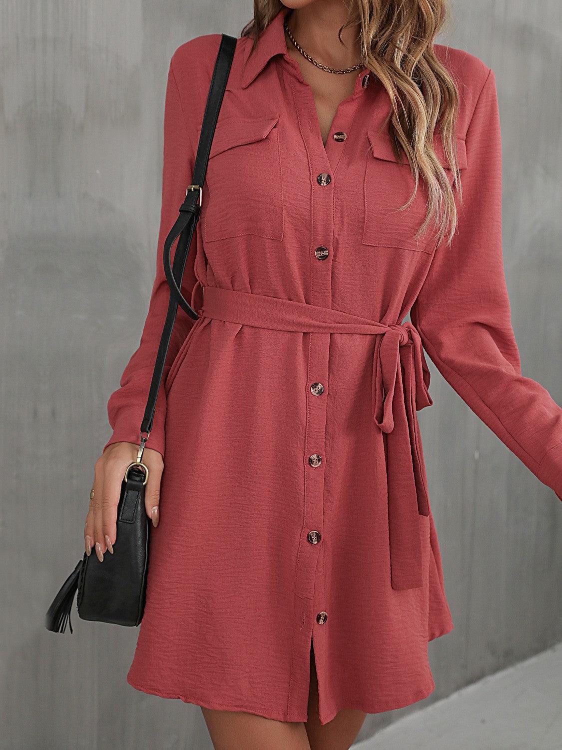 Button Down Belted Long Sleeve Shirt Mini Dress BLUE ZONE PLANET