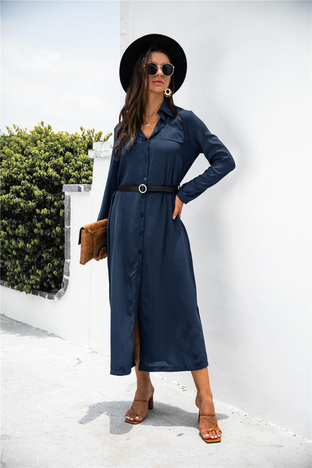 Button Down Belted Shirt Dress BLUE ZONE PLANET