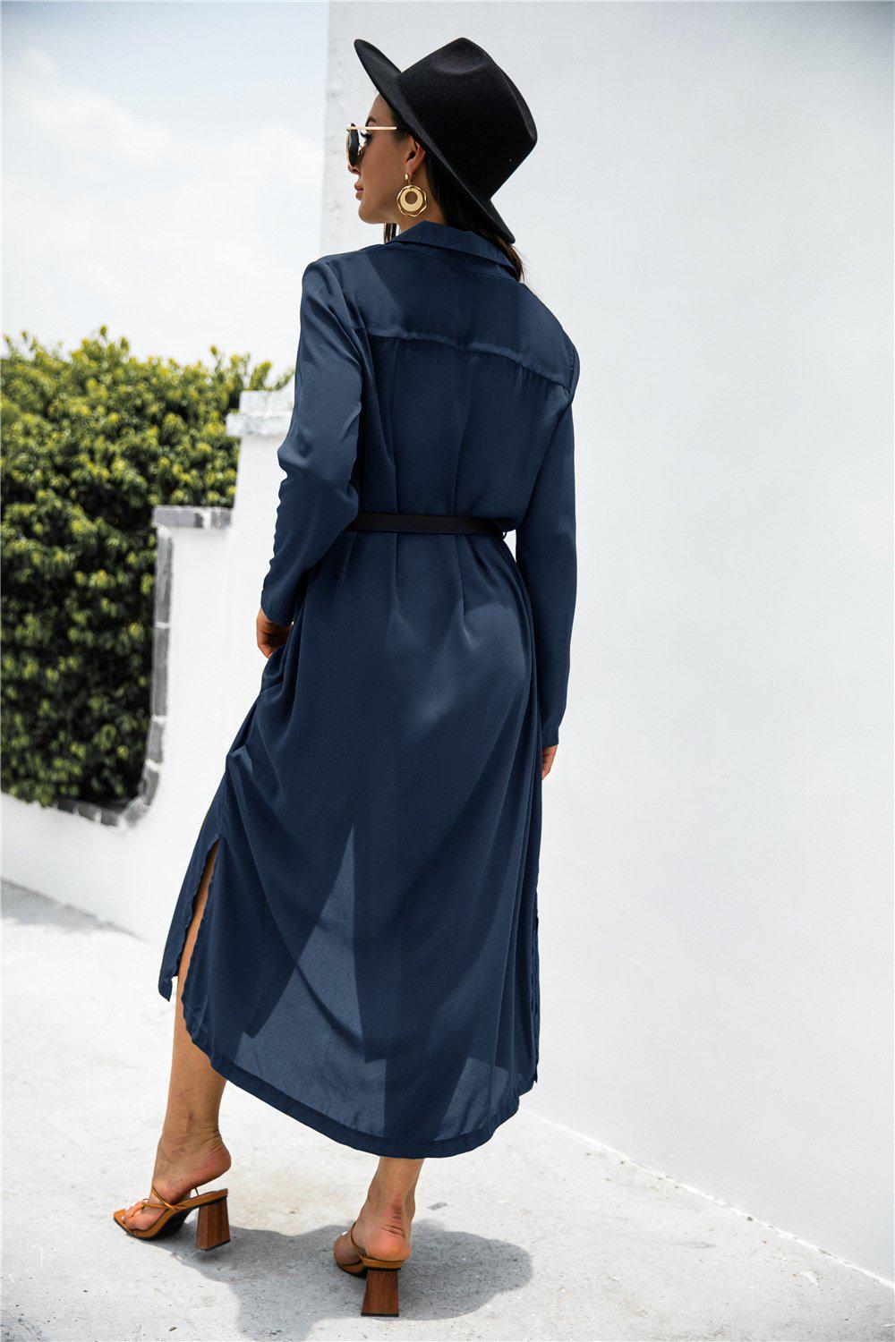 Button Down Belted Shirt Dress BLUE ZONE PLANET