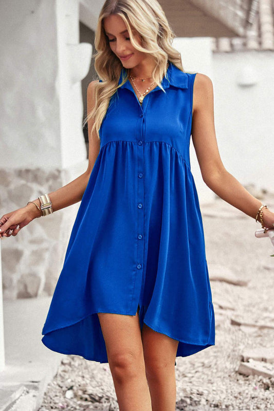 Button Down Collared Sleeveless Dress BLUE ZONE PLANET