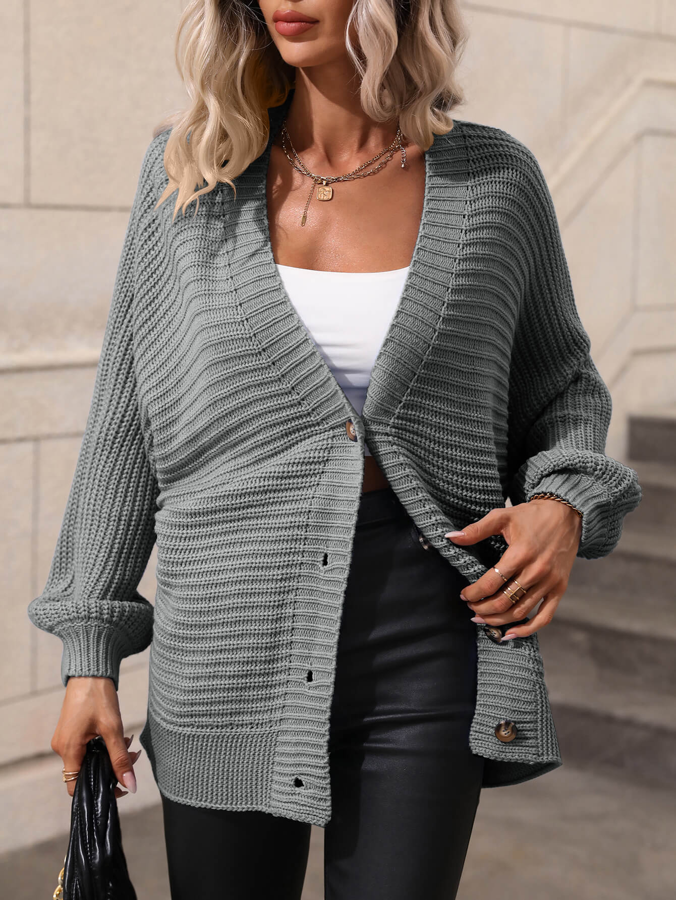 Button Down Horizontal-Ribbing Longline Cardigan BLUE ZONE PLANET